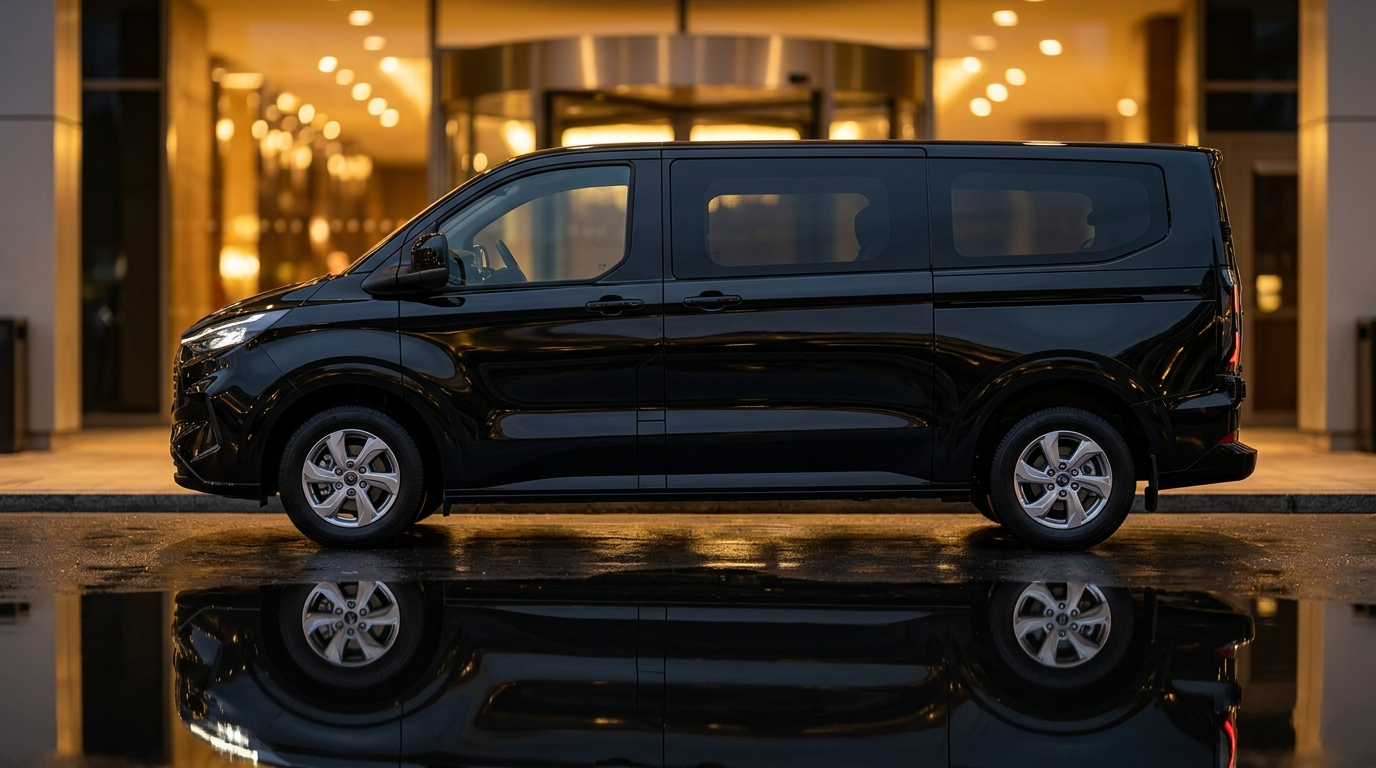 Ford Tourneo Custom 2025 VIP Transfer Aracı – Dış Görünüm, Siyah, 8+1 Kişilik